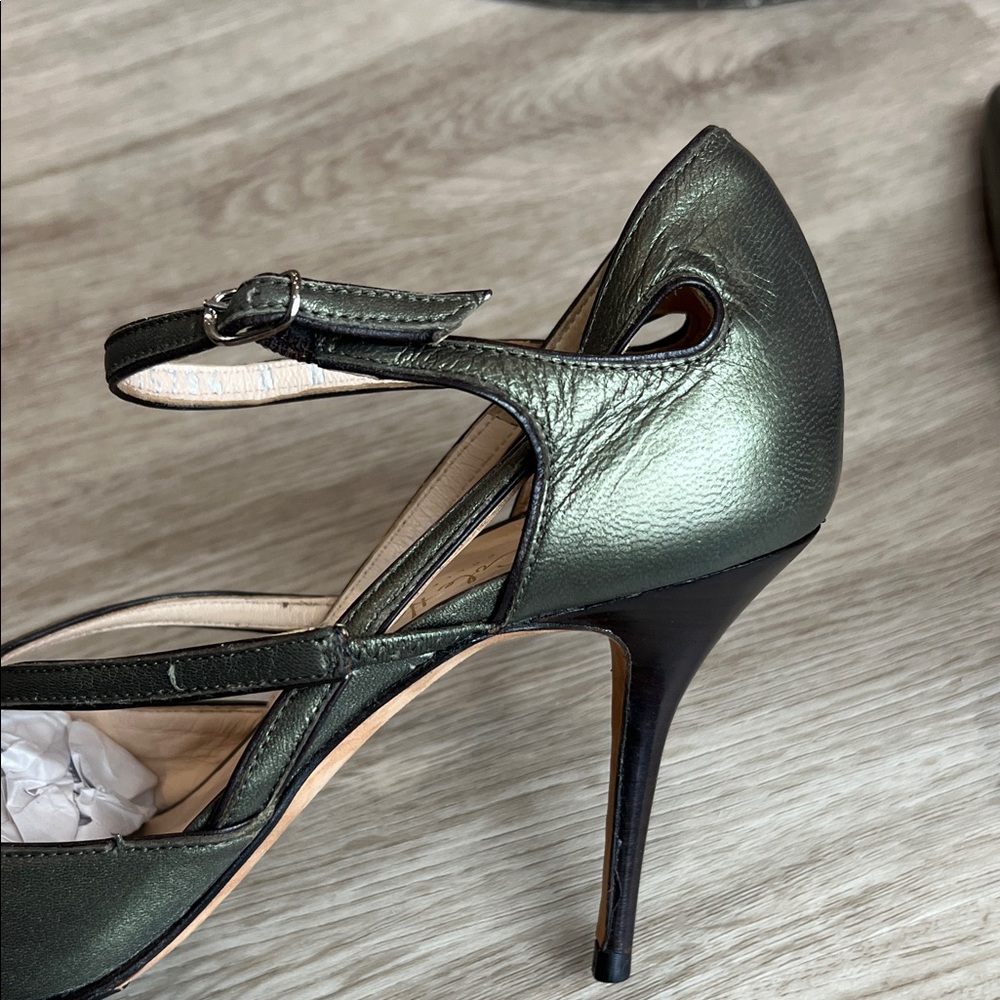 Cole Haan Collection Pointed Toe Strappy Pumps in Metallic Olive Green Leather - Picture 9 of 16